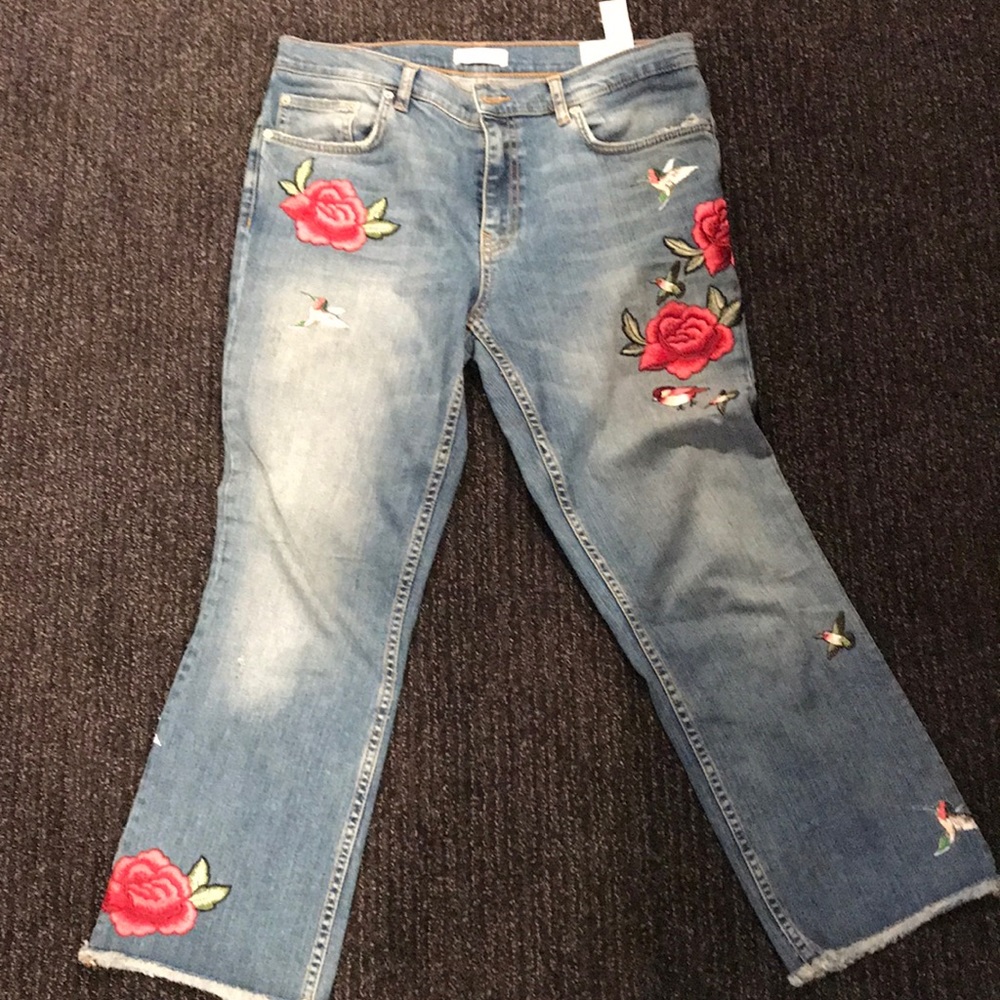 Zara Blue Jeans with Red Floral Embroidery